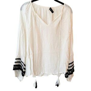 DO + BE, white long-sleeve, blouse, tassel ties, embrodery, M